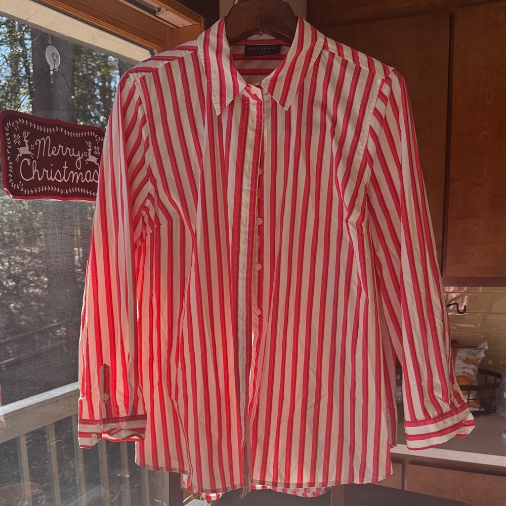 Lane Bryant Red and White Striped Button-Down Shirt